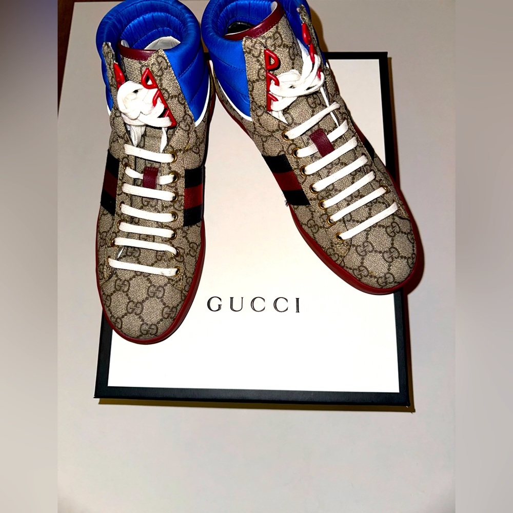 Gucci High-Top GG Supreme Sneakers with Blue, Red, White Accents